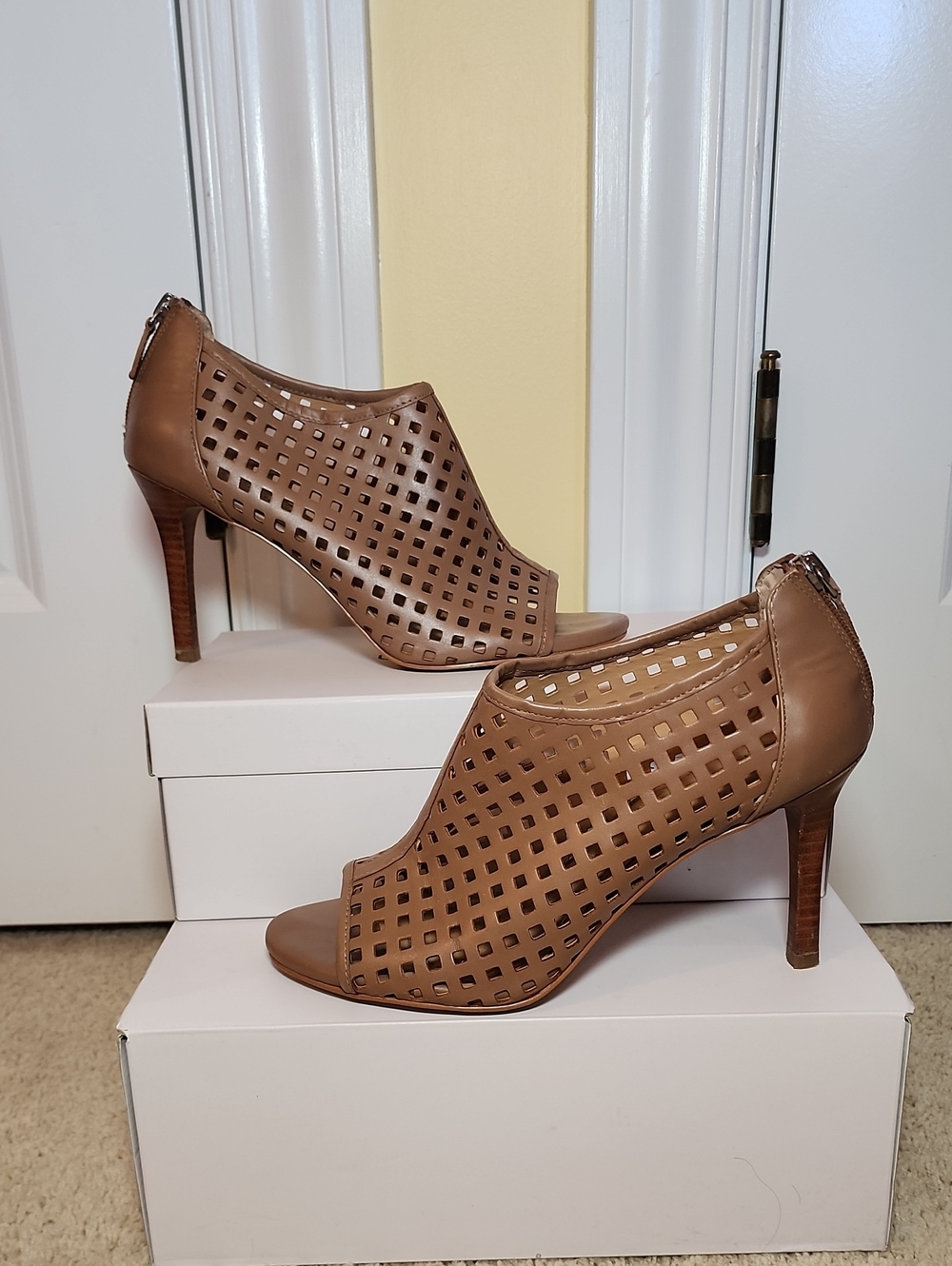 Brown Cutout Peep-Toe High Heel Booties - Women